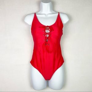 Tavik Monahan One Piece Lace Up Swimsuit in Hibiscus - Sz Medium